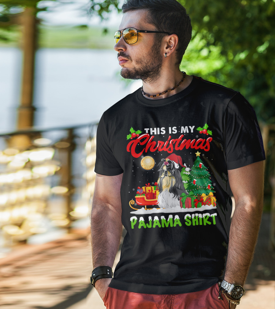 Christmas Pajama Shih Tzu Dog With Santa Hat And Presents T-Shirt