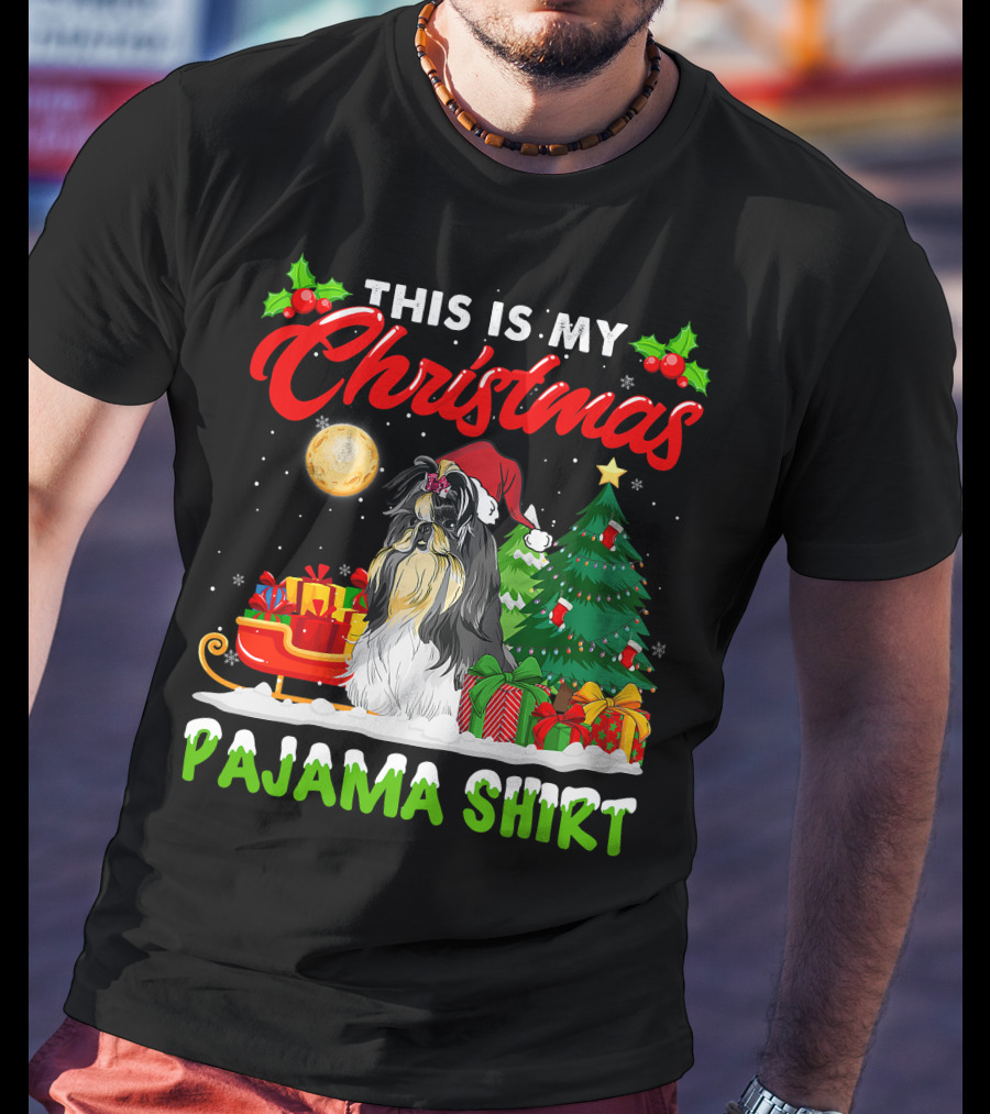 Christmas Pajama Shih Tzu Dog With Santa Hat And Presents T-Shirt