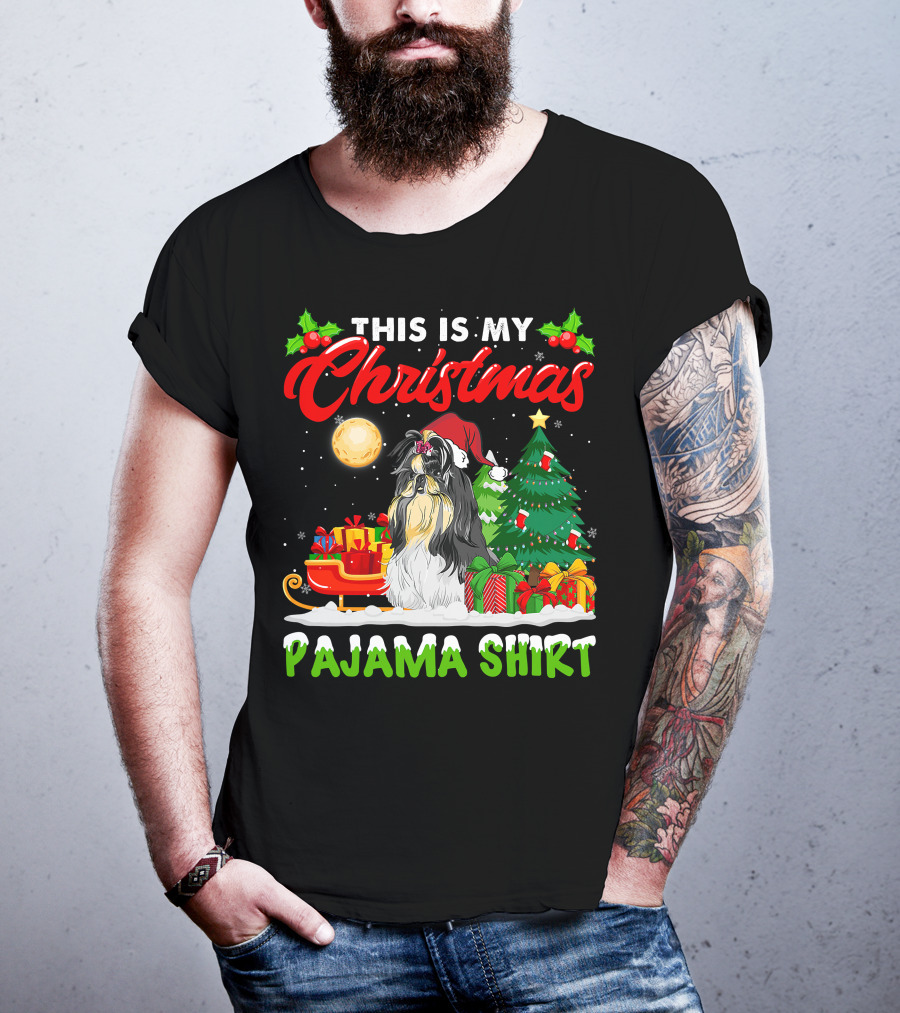 Christmas Pajama Shih Tzu Dog With Santa Hat And Presents T-Shirt