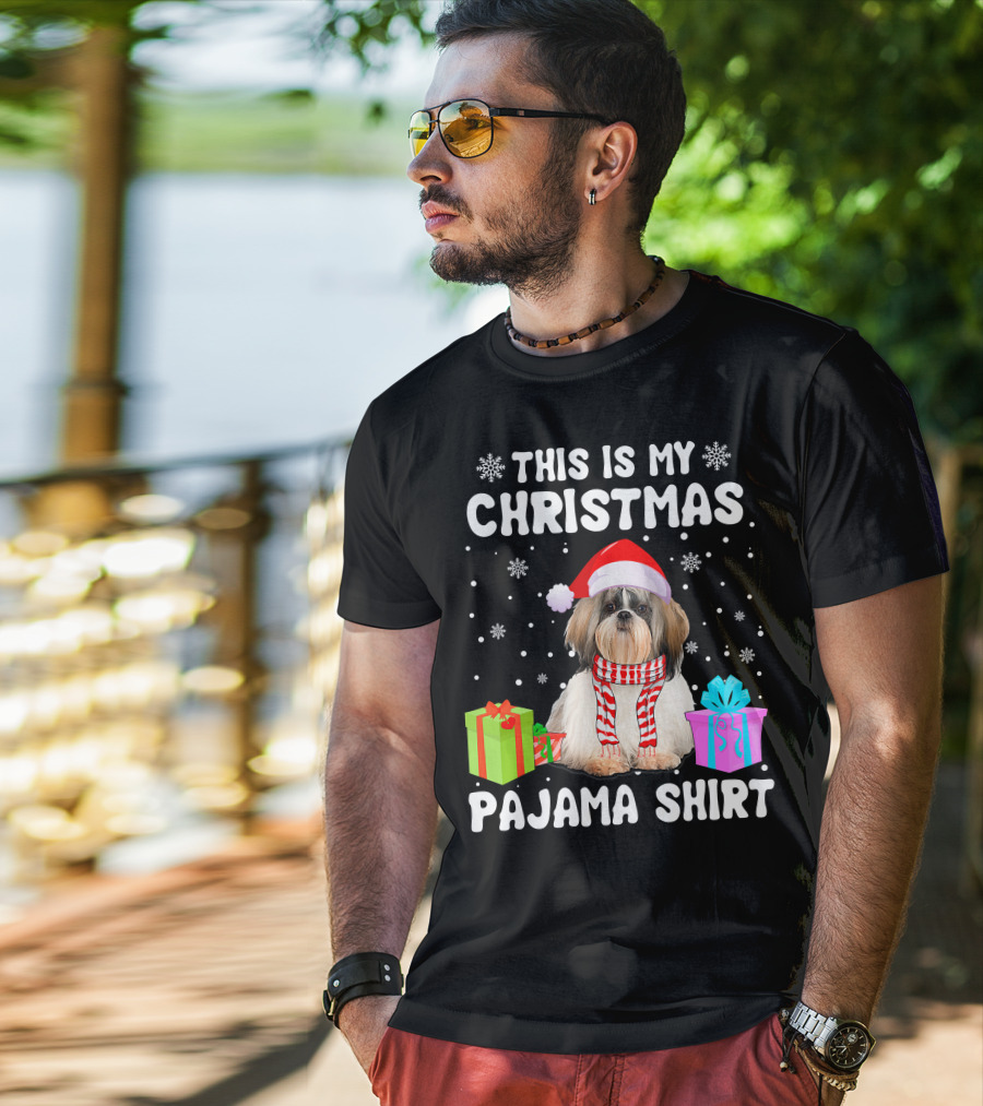 This Is My Christmas Shih Tzu Dog Pajama Puppy Love Santa Hat Presents T-Shirt