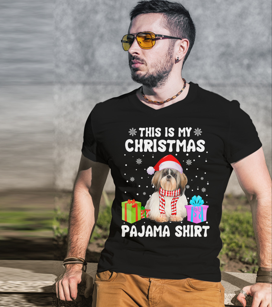 This Is My Christmas Shih Tzu Dog Pajama Puppy Love Santa Hat Presents T-Shirt