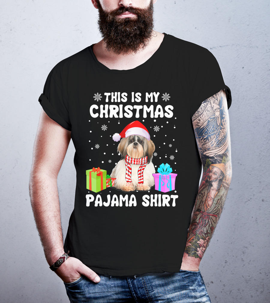 This Is My Christmas Shih Tzu Dog Pajama Puppy Love Santa Hat Presents T-Shirt