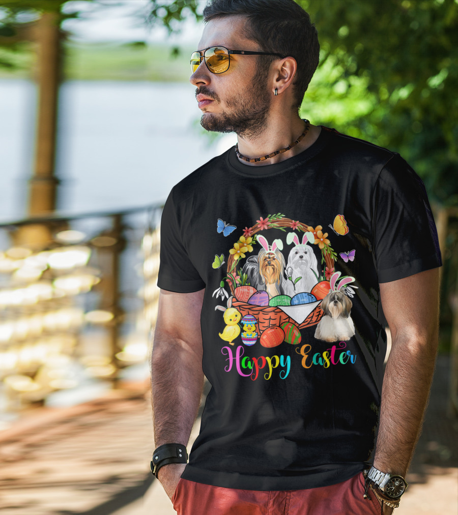 Happy Easter Three Bunny Shih Tzu Dogs In Easter Eggs Basket With Butterflies And Flowers T-Shirt
