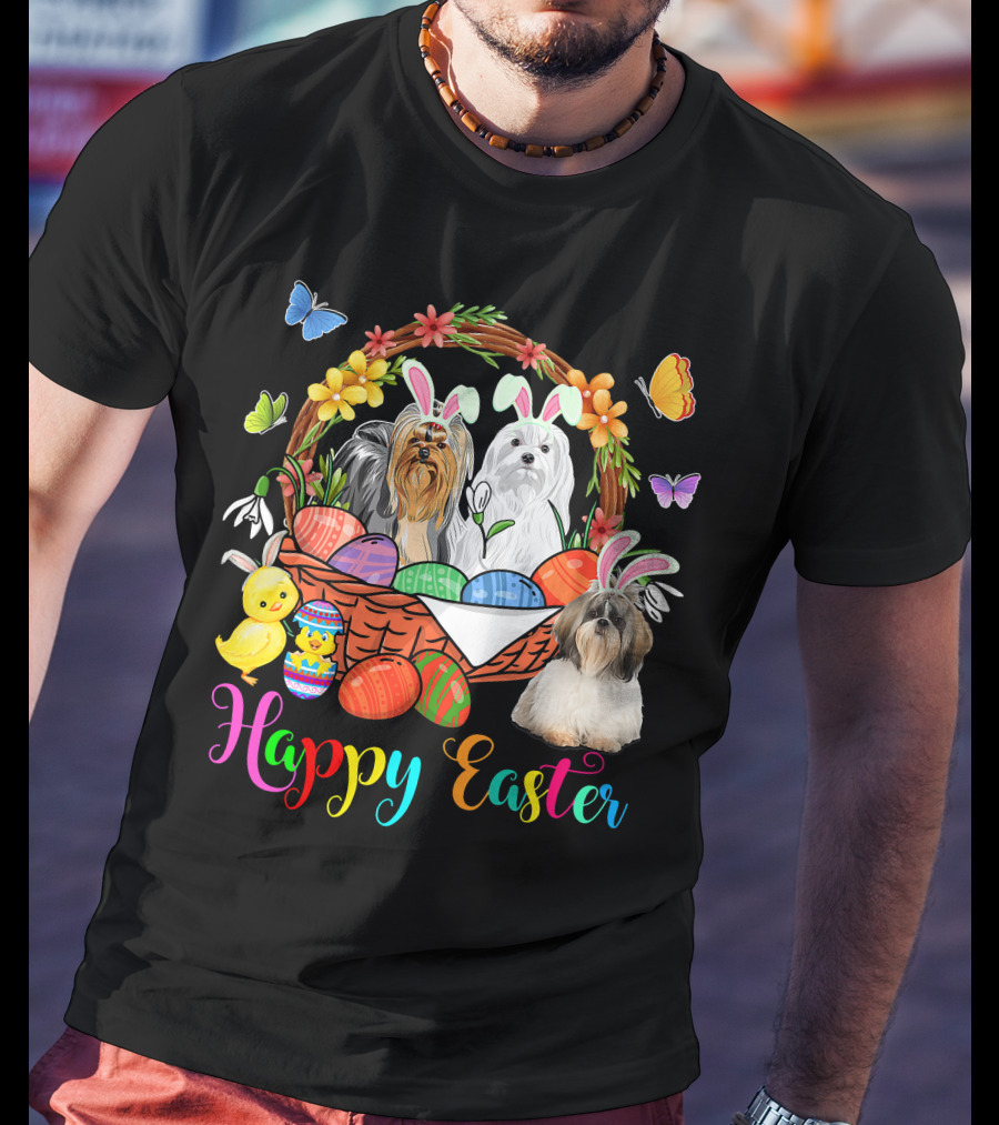 Happy Easter Three Bunny Shih Tzu Dogs In Easter Eggs Basket With Butterflies And Flowers T-Shirt