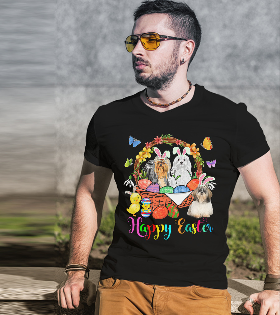 Happy Easter Three Bunny Shih Tzu Dogs In Easter Eggs Basket With Butterflies And Flowers T-Shirt
