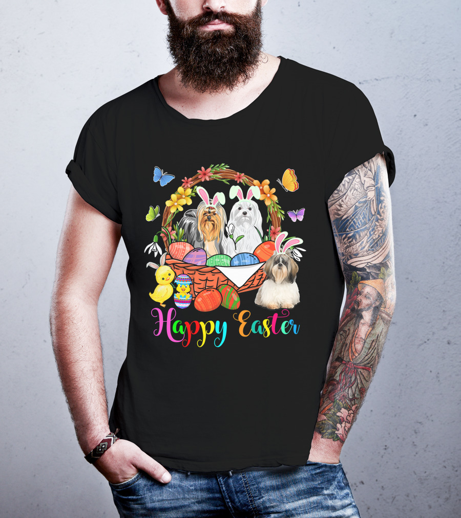 Happy Easter Three Bunny Shih Tzu Dogs In Easter Eggs Basket With Butterflies And Flowers T-Shirt