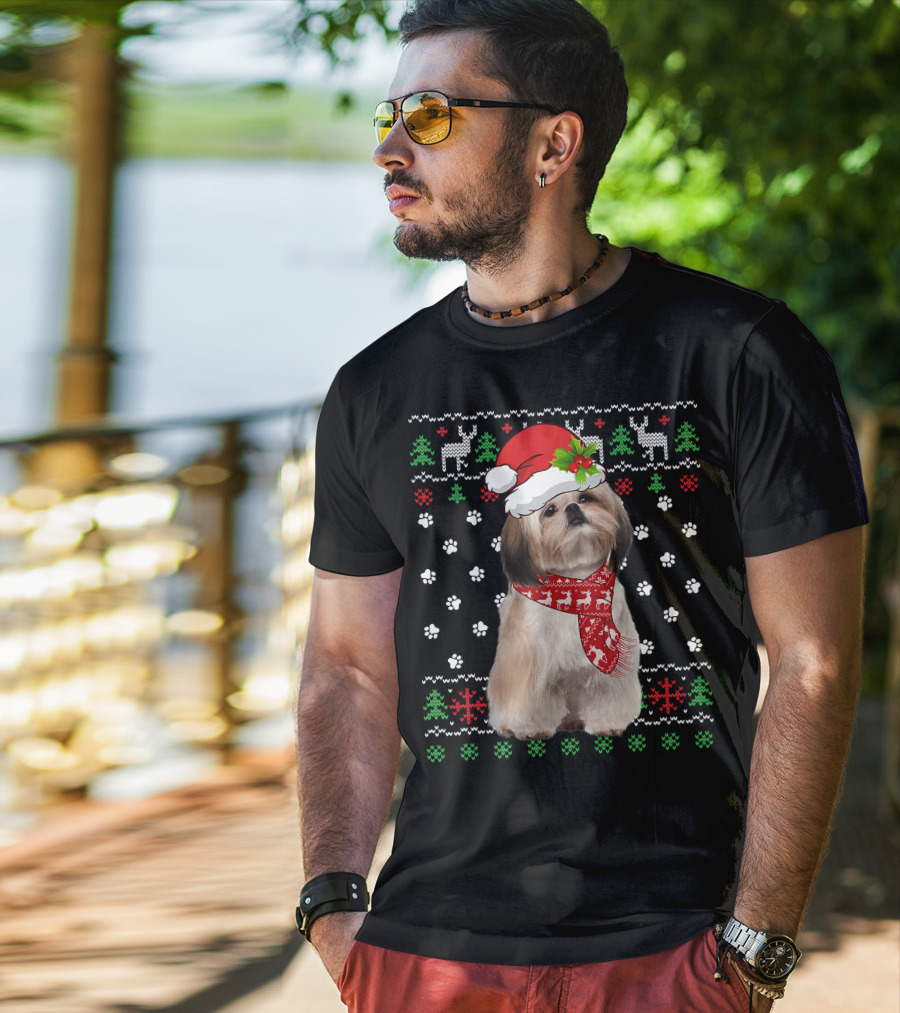 Christmas Shih Tzu Dog Puppy Ugly Sweater Santa Hat Reindeer Scarf T-Shirt
