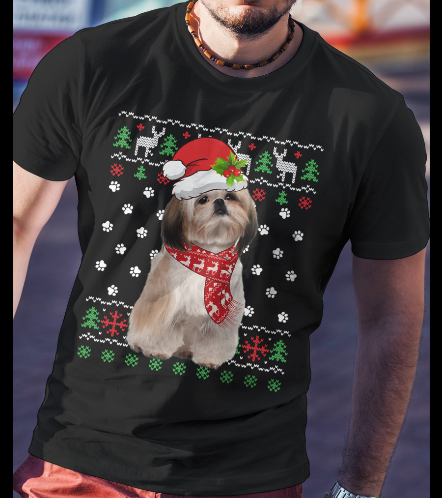 Christmas Shih Tzu Dog Puppy Ugly Sweater Santa Hat Reindeer Scarf T-Shirt