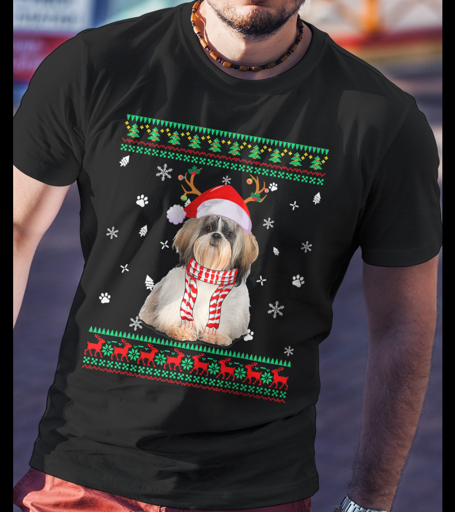 Ugly Sweater Christmas Shih Tzu Dog Santa Reindeer Hat Scarf Festive T-Shirt