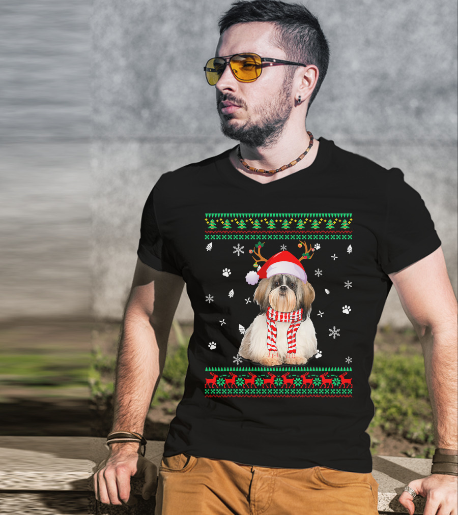 Ugly Sweater Christmas Shih Tzu Dog Santa Reindeer Hat Scarf Festive T-Shirt