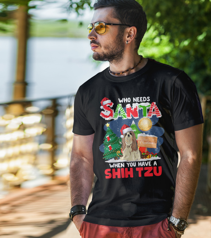 Santa Shih Tzu Merry Christmas Tree Moon Holiday T-Shirt