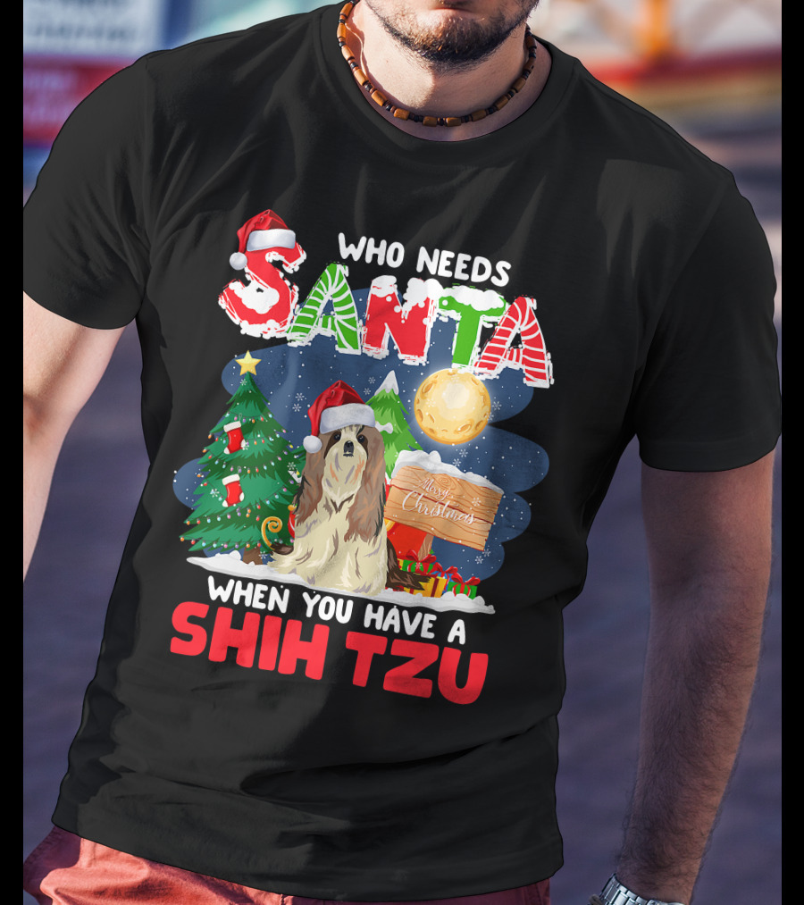 Santa Shih Tzu Merry Christmas Tree Moon Holiday T-Shirt
