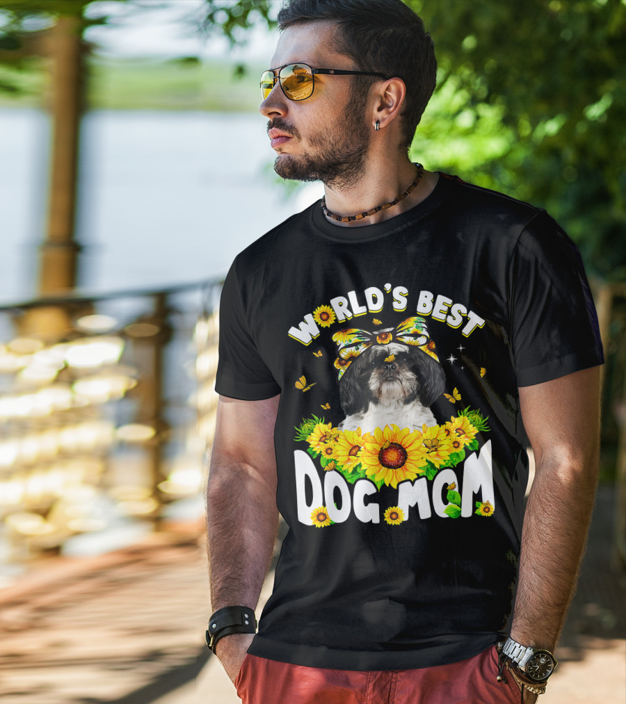 World's Best Shih Tzu Dog Mom Sunflowers And Butterflies T-Shirt