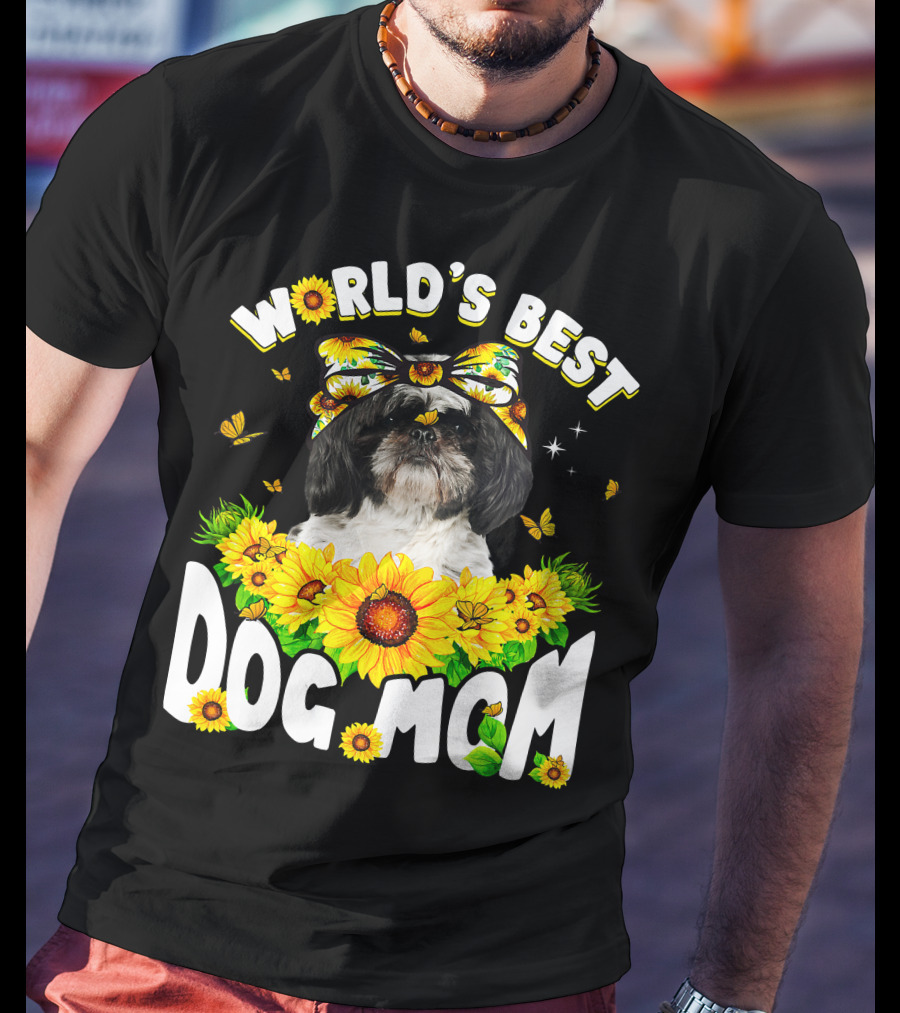 World's Best Shih Tzu Dog Mom Sunflowers And Butterflies T-Shirt
