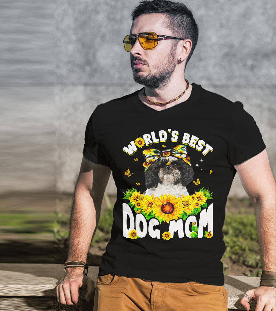 World's Best Shih Tzu Dog Mom Sunflowers And Butterflies T-Shirt
