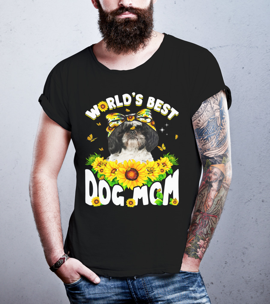 World's Best Shih Tzu Dog Mom Sunflowers And Butterflies T-Shirt