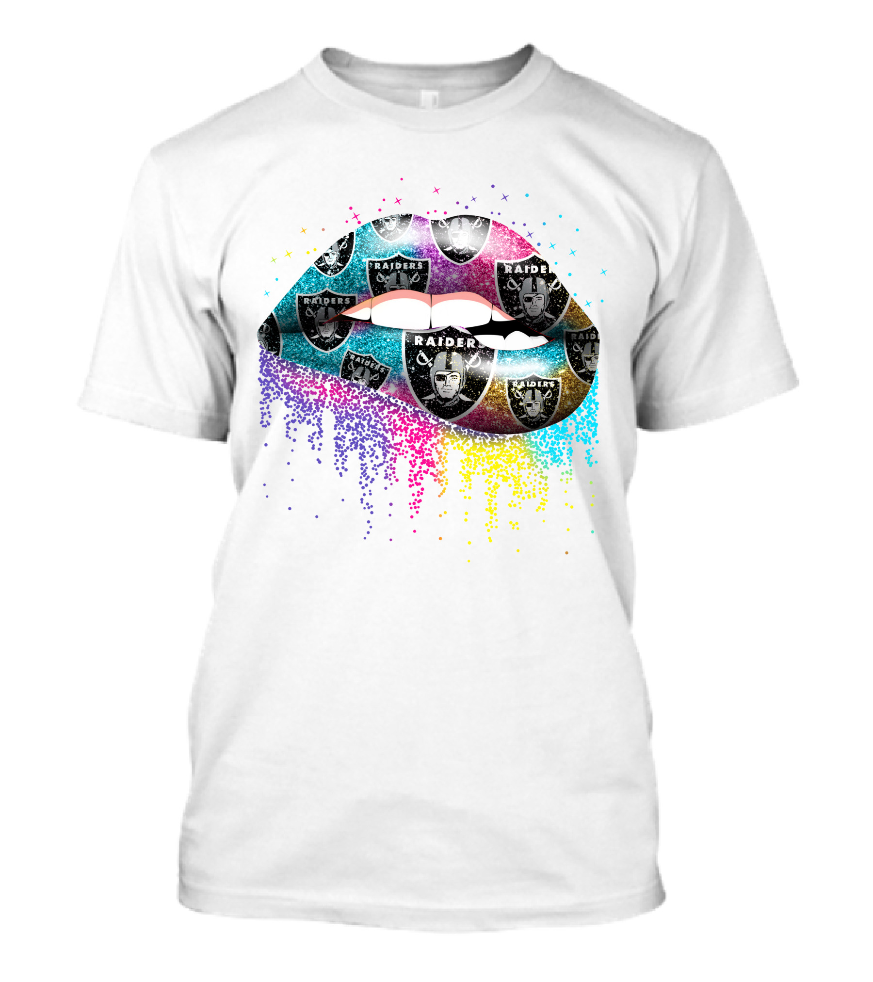 Lips With Colorful Glitter And Raiders Logo T-Shirt