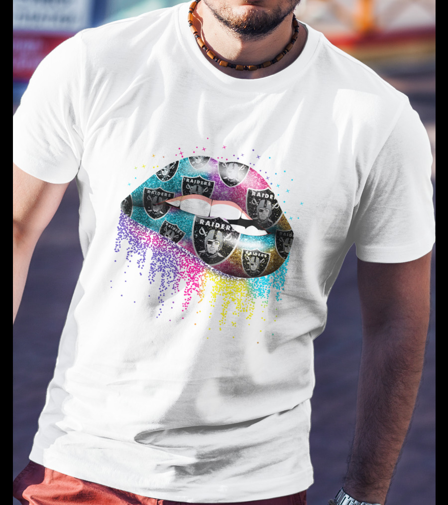 Lips With Colorful Glitter And Raiders Logo T-Shirt
