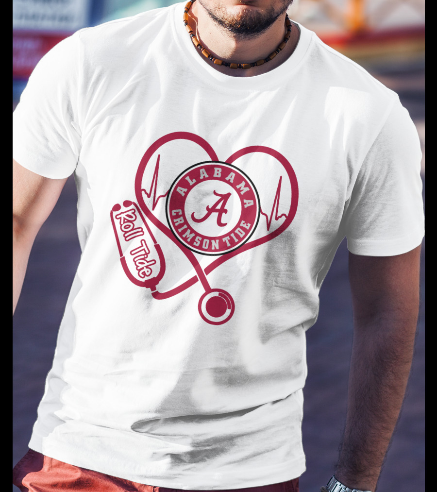 Alabama Crimson Tide Nurse Roll Tide Heartbeat Stethoscope T-Shirt